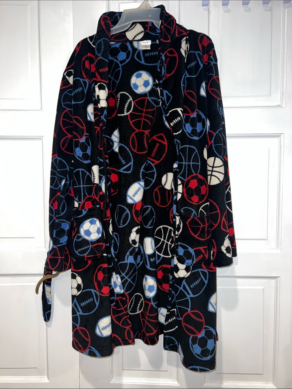 Cherokee Kids Black Fleece Robe with Red, Blue & White Sports Balls